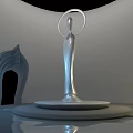 Silver Human Sculpture With Circular Halo Top On Round Base Surrounded By Curved Wall Art