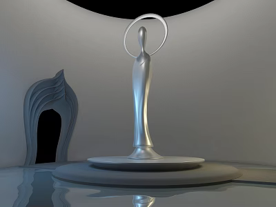 Silver Human Sculpture With Circular Halo Top On Round Base Surrounded By Curved Wall Art 3d model
