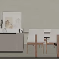 Modern Dining Table Set With White Chairs Dark Wood Sideboard And Framed Wall Artwork 3d model