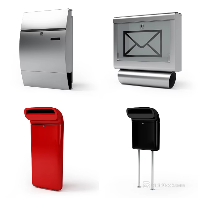 Public Facilities Including Silver Mailboxes Red And Black Trash Bins Design 3d model 