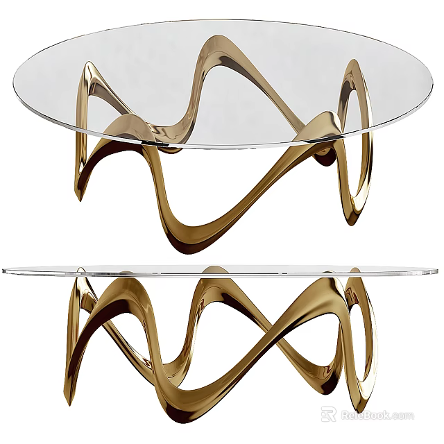 Modern Elegant Curved Design Coffee Table With Gold Metal Frame And Glass Top 3d model 