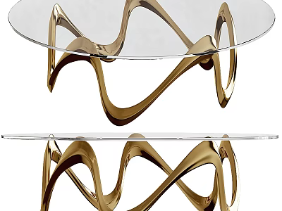 Modern Elegant Curved Design Coffee Table With Gold Metal Frame And Glass Top 3d model