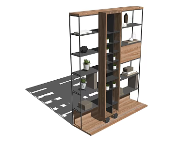 Modern Bookshelf Design With Open Shelves Metal Frame Wooden Layers And Potted Plants 3d model