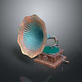 Vintage Gramophone With Turquoise Copper Horn And Wooden Base For Home Decor