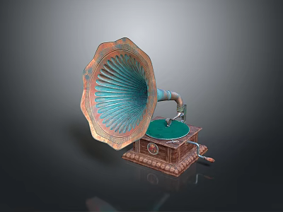 Vintage Gramophone With Turquoise Copper Horn And Wooden Base For Home Decor 3d model