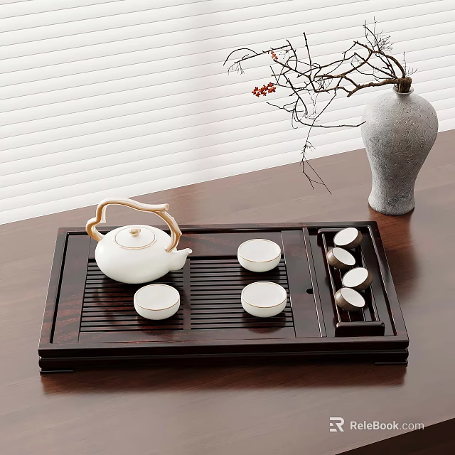 Elegant Tea Set with White Teapot Wooden Tray White Teacups and Gray Vase on Table 3d model 