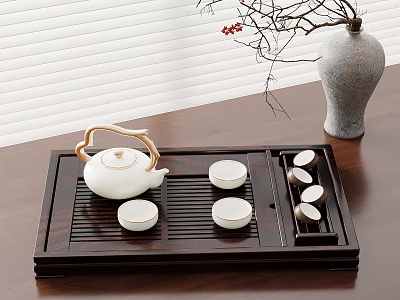 Elegant Tea Set with White Teapot Wooden Tray White Teacups and Gray Vase on Table 3d model