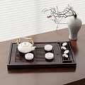 Elegant Tea Set with White Teapot Wooden Tray White Teacups and Gray Vase on Table