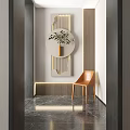 Modern Wall Decor with Circular Mirror Green Plant Vase Vertical Striped Panels and Lighting