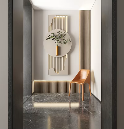 Modern Wall Decor with Circular Mirror Green Plant Vase Vertical Striped Panels and Lighting 3d model