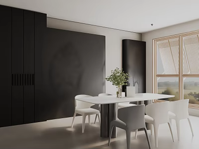 Modern Dining Table Set With White Chairs Black Cabinets And Green Plant 3d model