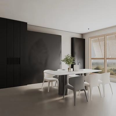 Modern Dining Table Set With White Chairs Black Cabinets And Green Plant 3d model