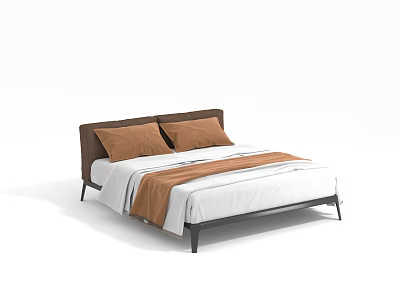 Double Bed With Dark Headboard Brown Pillows White Sheet Brown Blanket And Black Metal Frame 3d model