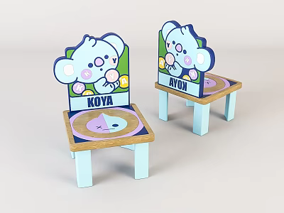 Cute Kids' Chair With Cartoon Koala Design KOYA Lettering Light Blue Legs And Wooden Seat 3d model