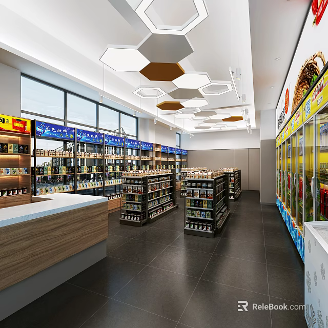 Modern Supermarket Interior With Shelves Full Of Products Refrigerated Cases Checkout Counter And Hexagonal Lights 3d model 