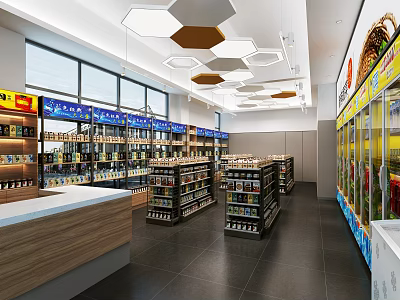 Modern Supermarket Interior With Shelves Full Of Products Refrigerated Cases Checkout Counter And Hexagonal Lights 3d model