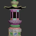 Traditional Oriental Stone Outdoor Lantern With Spire Top Layered Pedestal Yellow Light