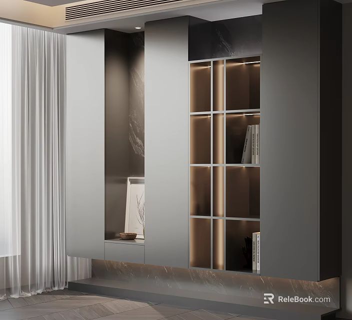 Modern Bookshelf Design With Glass Doors Built in Lighting And Marble Accents 3d model 