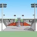 Modern Basketball Gymnasium Interior With Orange Court Bleachers And Lighting Fixtures