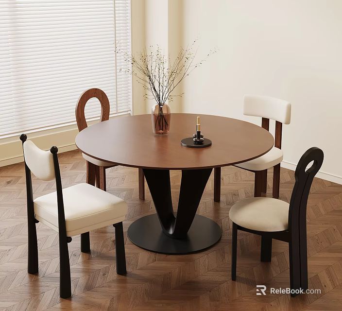 Round Wooden Dining Table Set with Black Cone Base Four Upholstered Chairs Dried Branches Vase 3d model 