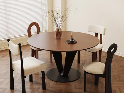 Round Wooden Dining Table Set with Black Cone Base Four Upholstered Chairs Dried Branches Vase 3d model