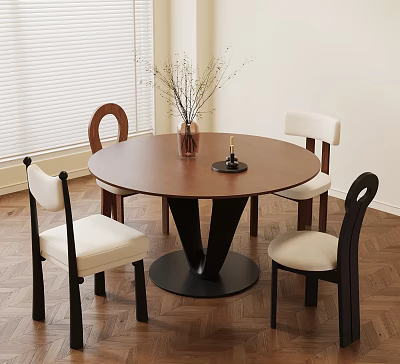 Round Wooden Dining Table Set with Black Cone Base Four Upholstered Chairs Dried Branches Vase 3d model