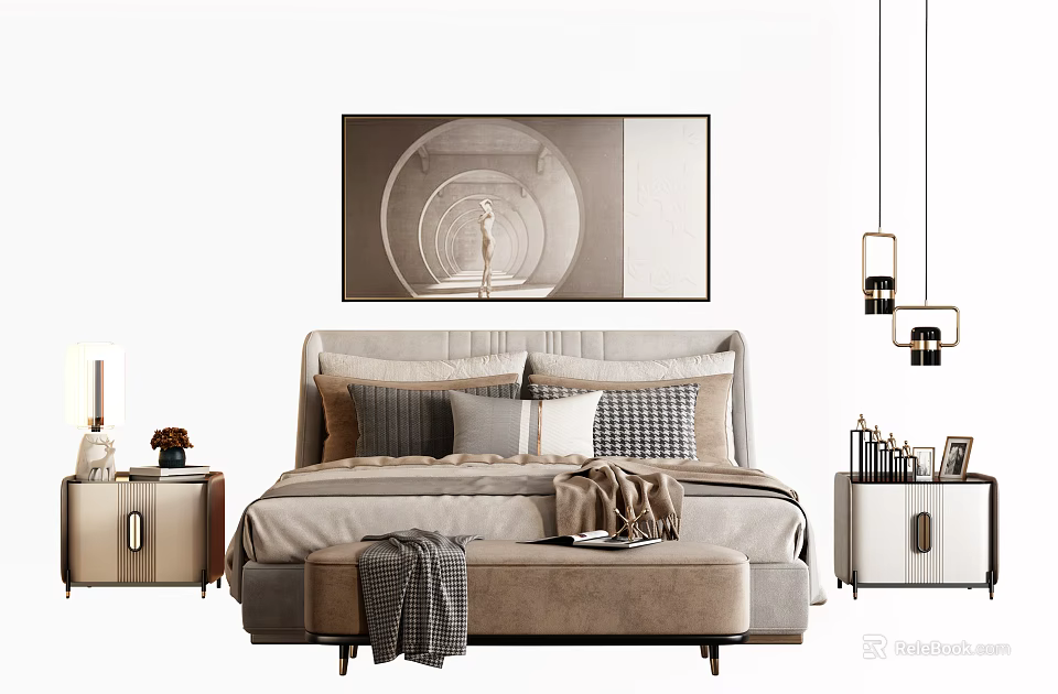 Modern Double Bed With Stylish Pillows Wall Art Bedside Tables And Bench 3d model 
