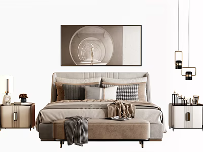 Modern Double Bed With Stylish Pillows Wall Art Bedside Tables And Bench 3d model