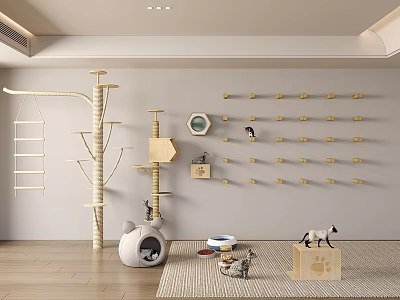 Cat Tree with Wall-Mounted Scratching Posts Cat Bed Food Bowl and Toys 3d model