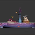 Cartoon Scene Of Colorful Tray With Blue Vase Purple Flowers Dessert Cake And Berries