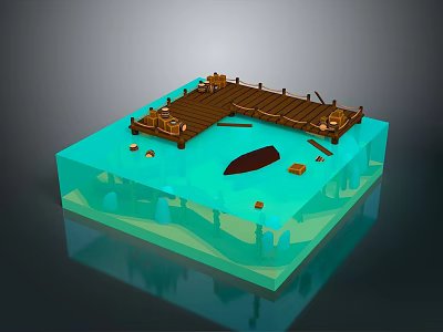 Scenic Wooden Dock Landscape with Clear Water Sandy Bottom and Underwater Cave 3d model