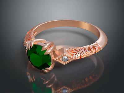 Elegant Rose Gold Ring With Green Gemstone And Engraved Patterns Small Diamonds 3d model