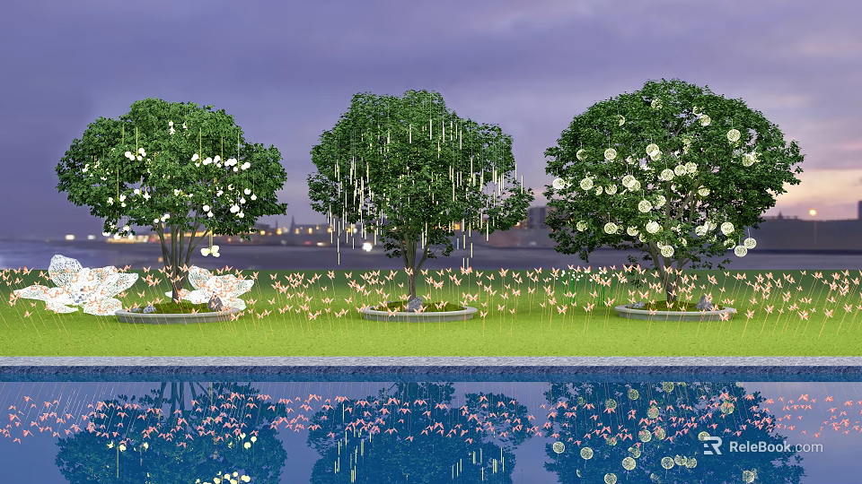 Decorative Trees With White Flowers And Reflection In Pool On Green Lawn 3d model 