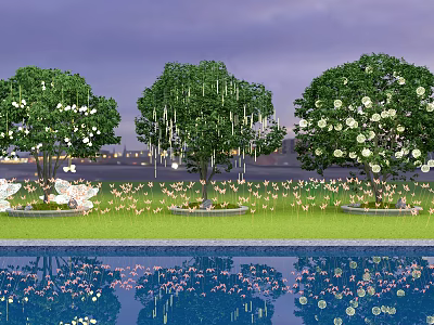 Decorative Trees With White Flowers And Reflection In Pool On Green Lawn 3d model