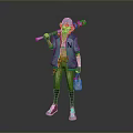 Colorful Anime Character Design With Green Jacket Baseball Bat Striped Pants Red Sneakers And Cap