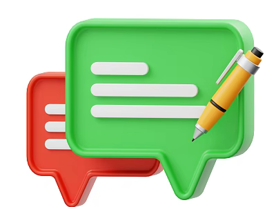 Visual Design Of Red And Green Speech Bubbles With Text Lines And Yellow Pen 3d model