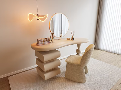 Modern Dressing Table with Round Mirror Vanity Chair Cosmetic Organizer and Soft Lighting 3d model