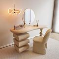 Modern Dressing Table with Round Mirror Vanity Chair Cosmetic Organizer and Soft Lighting