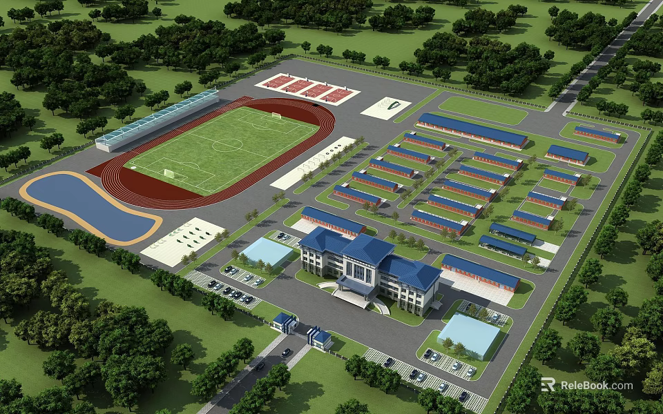 Aerial View Campus Master Plan With Sports Fields Buildings Greenery And Parking Areas 3d model 