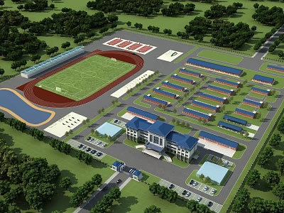 Aerial View Campus Master Plan With Sports Fields Buildings Greenery And Parking Areas 3d model