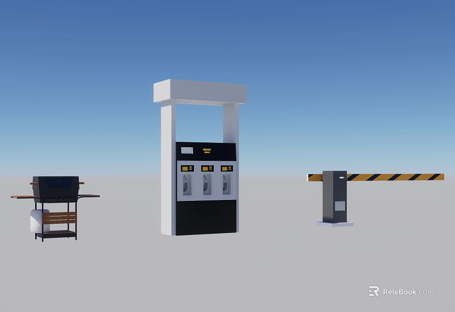 Gas Station Fuel Dispenser With Toll Booth And Barrier Gate Under Blue Sky 3d model 