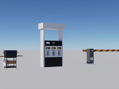 Gas Station Fuel Dispenser With Toll Booth And Barrier Gate Under Blue Sky 3d model