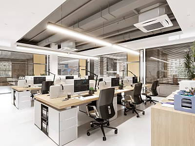 Modern Public Office Space With Open Layout Desks Computers Office Chairs And Green Plants 3d model