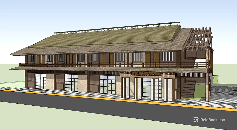 Traditional Style Wooden Building With Tiled Roof Multiple Windows And Porch 3d model 