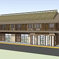 Traditional Style Wooden Building With Tiled Roof Multiple Windows And Porch