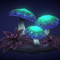 Magical Cartoon Scene With Glowing Mushrooms Turquoise Glow And Purple Leaves