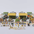 Fruit Store Displaying Multiple Stalls Yellow Striped Awnings Watermelons Lemons Oranges Wooden Crates And Baskets