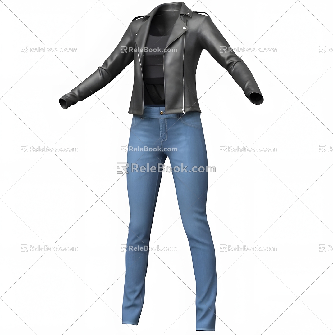 Modern Women Jacket Jeans Modern Realistic Clothes Clothing Coat Leather Jacket Jeans 3d model