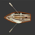 Wooden Boat Model With White Sail Red Hull and Oar on Dark Reflective Surface