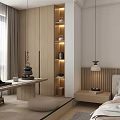 Modern Bedroom Interior With Wooden Headboard Nightstand Lamp Wall Art Cozy Rug And Decorative Pillows